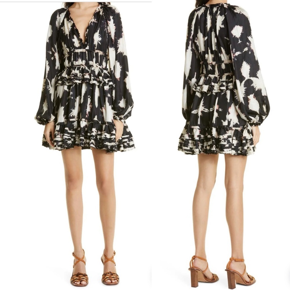 Ulla Johnson Emery Silk Ruffled Dress in‎ Noir Blur NWT